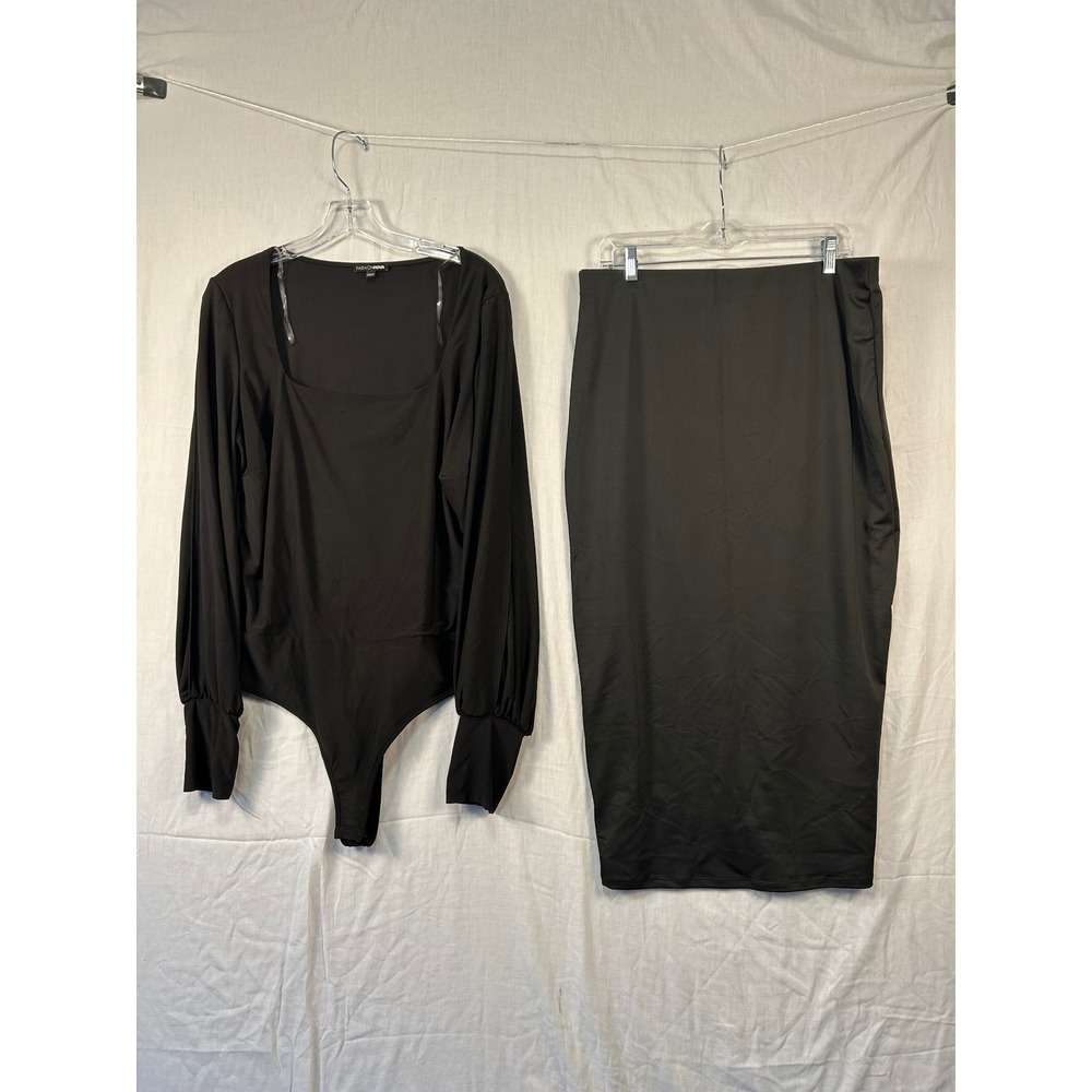 Fashion Nova Womens Black 2 Piece Set Square Neck Bodysuit and Midi Skirt #2288